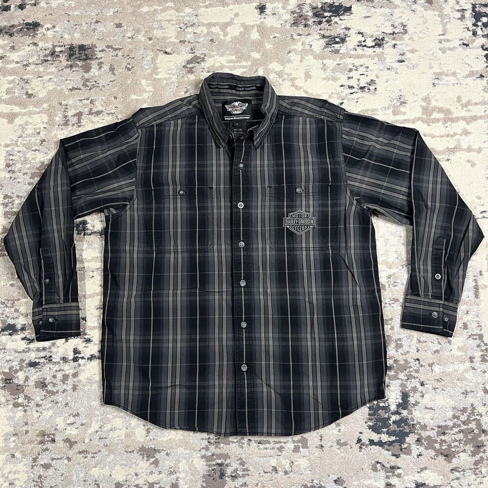 Harley Davidson Shirt Large Gray Black Plaid Button Up Biker Embroidered Cotton